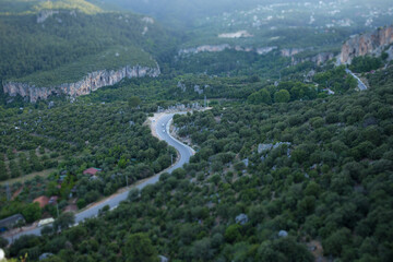 Mountain road top view, tilt shift effect