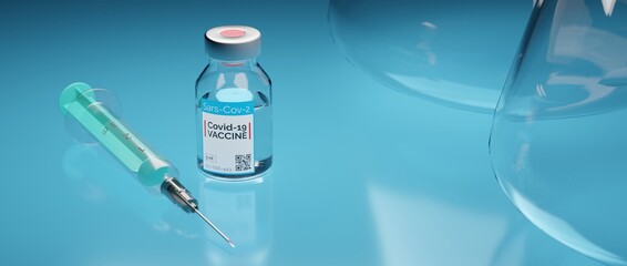 Covid-19 Vaccine mit Spritze in abstrakter Laborumgebung