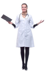 in full growth. smiling female doctor with clipboard.