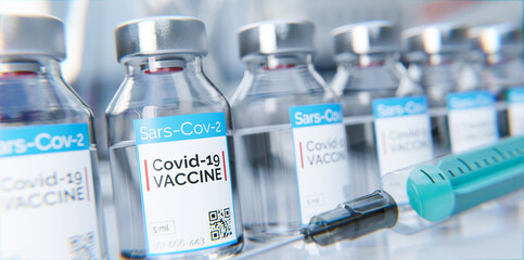 Bekämpfung der Covid-19 Pandemie mit Corona Impfstoff als breites Panorama Titelbild