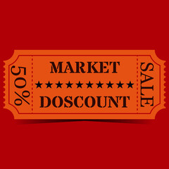 Orange 50 percent discount coupon in vintage style with shadow on red background. Vector illustration.