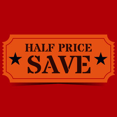 Orange, yellow discount coupon in vintage style with shadow on red background. Vector illustration.