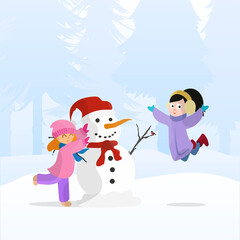 Happy children make a snowman. Snowy forest, little girls in warm clothes, New Year's snowman. Suitable for postcards and books. Vector.