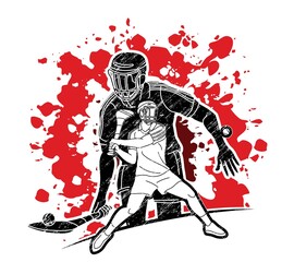 Group of Hurling sport players action. Irish Hurley sport cartoon graphic vector.