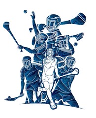 Group of Hurling sport players action. Irish Hurley sport cartoon graphic vector. - obrazy, fototapety, plakaty
