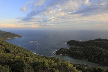 Fantastic view from the Montekuc viewpoint to green wooded slopes by the Adriatic Sea at the Mljet national park.