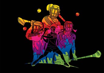 Group of Hurling sport players action. Irish Hurley sport cartoon graphic vector.