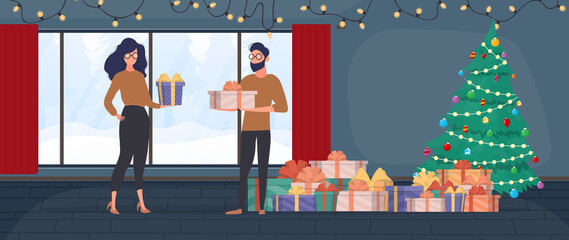 New year concept. A man and a woman give each other gifts. Christmas room, a mountain of gifts, a tree with garlands, winter outside the window. Vector.