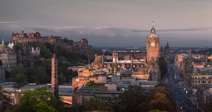 time lapse sunrise, Edinburgh city skyline from Calton Hill, United Kingdom.