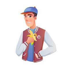 teenage boy baseball athlete eating a banana