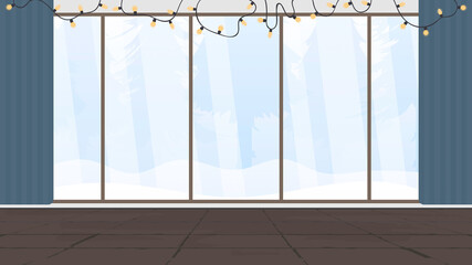 A party room with a large panoramic window overlooking the forest. For design on the theme of the new year. Vector.