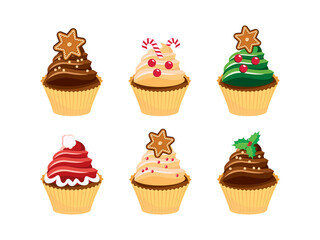 Decorated christmas cupcakes icon set vector. Vanilla and chocolate cupcakes with christmas candies icon set vector. Decorated christmas cupcake with sprinkles icon isolated on a white background