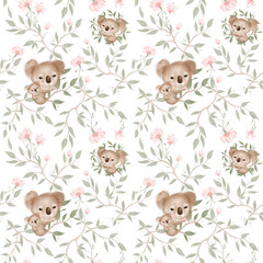 Fototapeta premium Seamless repeating tile pattern. Cute Koala bear on green eucalyptus branches. Hand drawn illustration on white background. 