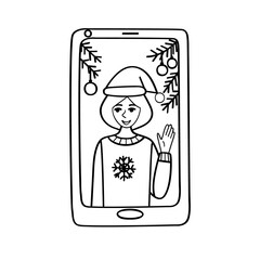 Video call on the phone, on the screen of the gadget image of a girl in a festive hat and winter sweater with Christmas tree branches. Outline, sketch, Doodle to illustrate a distant greeting.