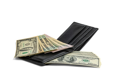 Black leather wallet with money isolated on white with shadow.