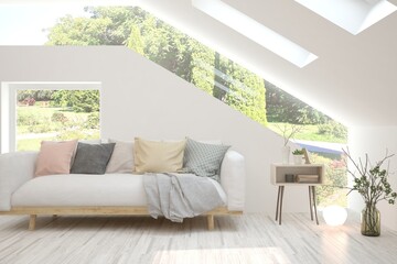 White living room with sofa and summer landscape in window. Scandinavian interior design. 3D illustration