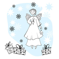 Cute Christmas angel on a background of stars and snowflakes.The girl has a flashlight in her hands. Hand drawn sketch. Line art. Vector illustration on snowy background. 