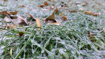 Europe, Ukraine, Kiev - December 11, 2020: Abnormal weather.  Heavy ice.  Freezing and icing on the road.  Frozen grass and trees