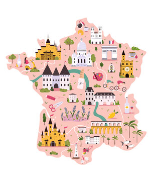 France hand drawn vector map with famous symbols, landmarks of the country.
