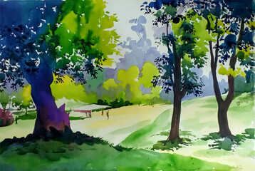 Watercolor landscape with trees hand drawn illustration Premium Vector