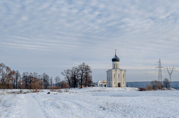 Church of the Intercession on the Nerl. Russian church. Winter landscape.