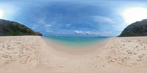 Tropical beach with palm trees and turquoise waters, Puka beach 360VR. Boracay, Philippines. Seascape with beach on tropical island. Summer and travel vacation concept.