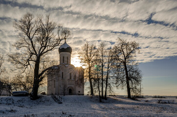 Church of the Intercession on the Nerl. Russian church. Winter landscape.