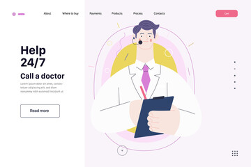 Medical insurance template -help 24 per 7, call us -modern flat vector concept digital illustration of male doctor with headset talking on the phone for a medical consultation. Medical company service