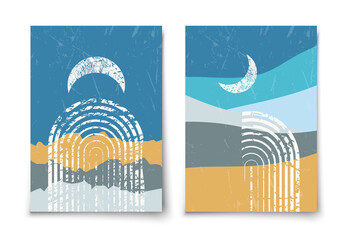 Set of contemporary aesthetic art print templates. Mid century moon, arc and mountains minimalist landscape illustration. Modern trendy boho wall decor. 