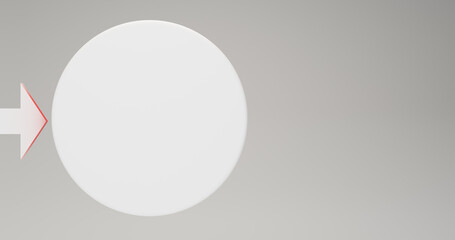 The white circle in the left side and arrow point to it, copy space in the right side.  8K presentation template, simple monochrome design. White, gray and a little red.