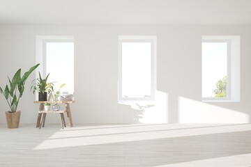 White empty room. Scandinavian interior design. 3D illustration