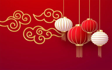 Chinese new year design template with and red lanterns andgolden cloud on the red background. Translation of hieroglyphs Happy New Year. Vector illustration