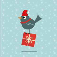 Christmas card with cute bird and gift