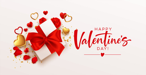 Fototapeta na wymiar Valentines day design template with gift box with red bow, gold and red hearts on white background. Vector illustration