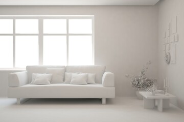White minimalist living room with sofa. Scandinavian interior design. 3D illustration