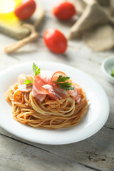 Pasta with smoked ham or bacon