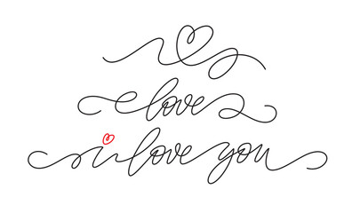 Set of single continuous line handwriting lettering for Happy Valentines Day isolated on white background. Vector illustration