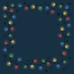 Merry Christmas Fairy Lights. Doddle Retro Poster Season's Greeting. Blue Background illustration