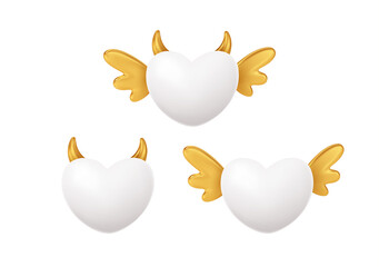Set of white heart shape with golden wings and horns. Concept symbol for Happy Valentines Day. Vector illustration