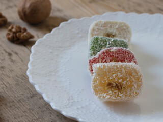 Turkish delight on wooden background