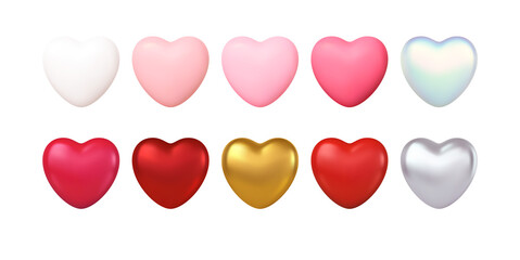 Big Valentines Day Set of different color realistic gold, red, pink, silwer, white hearts isolated on white background. Happy Valentines Day design elements. Vector illustration