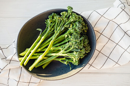 Raw broccolini green vegetable, top view