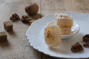 Turkish delight on wooden background
