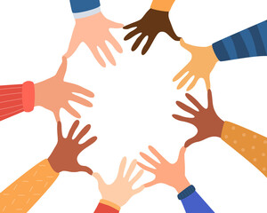 Diversity hands of different skin tones. United Community. Concept of community, support, social movement, friendship .Vector illustration