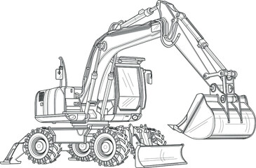 Classic realistic digger bulldozer truck car sketch template. Cartoon vector illustration in black and white for games, background, pattern, decor. Print for fabrics. Coloring paper, page, story book
