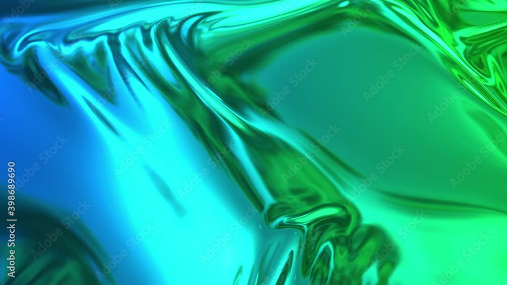 Poster animated blue green metalic gradient in 4k. 3d render of wavy cloth surface that forms ripples like 
