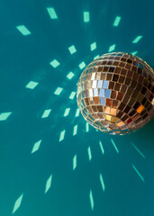 Mirror disco ball sun glare abstract blue background, banner, frame, postcard. Disco festive new year xmas winter theme.