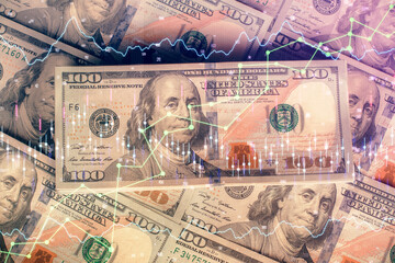 Multi exposure of forex chart drawing over us dollars bill background. Concept of financial success markets.