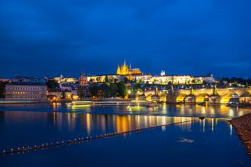 Charles bridge and Prague castle at dusk in Prague. Czech Republic 