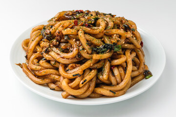 Stir-fried udon on white background